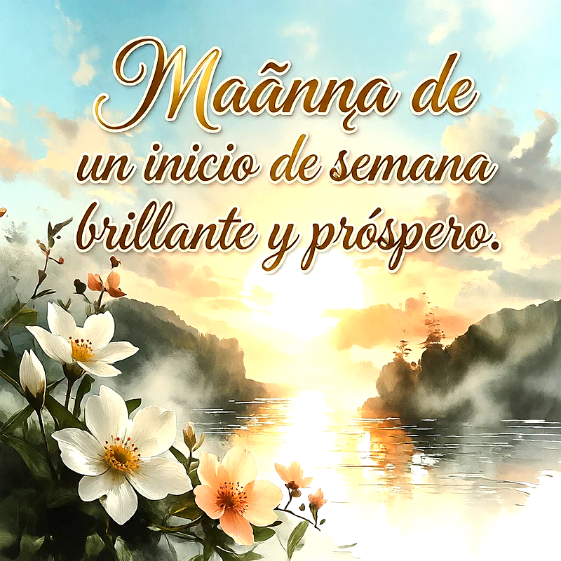 Paisaje de amanecer sobre un lago entre montañas con flores blancas en primer plano y un mensaje en letras blancas.