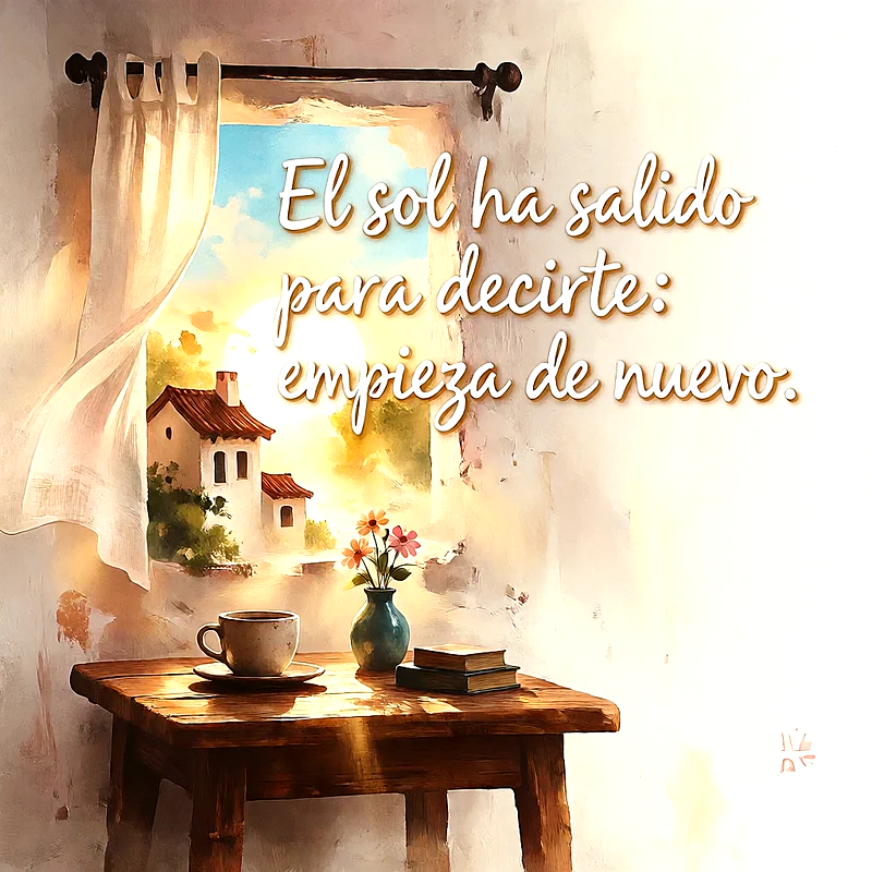 Ventana abierta con luz solar brillante, mesa de madera con taza de café, flores y libros, texto que dice El sol ha salido para decirte: empieza de nuevo.