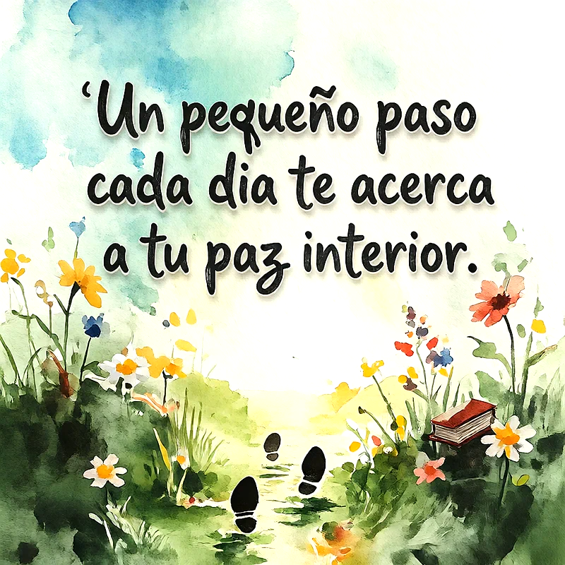 Ilustración en acuarela con flores silvestres, pisadas en un camino de yerba, un libro y la frase Un pequeño paso cada día te acerca a tu paz interior.