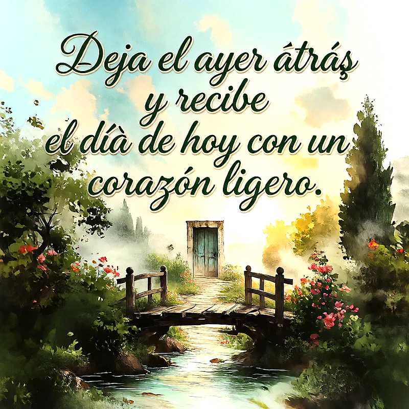 Puente de madera sobre un río rodeado de flores y una puerta antigua al fondo, con el texto Deja el ayer atrás y recibe el día de hoy con un corazón ligero.
