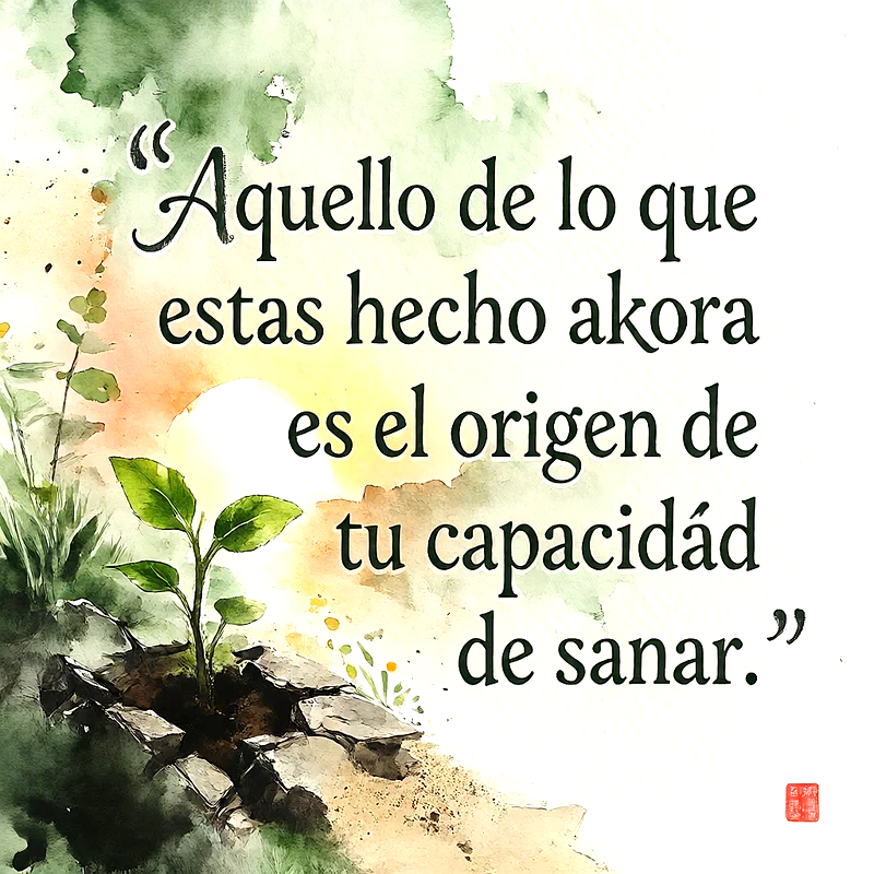 Ilustración en acuarela de una pequeña planta verde brotando de la tierra sobre fondo blanco y verde, con texto en español sobre la capacidad de sanar.