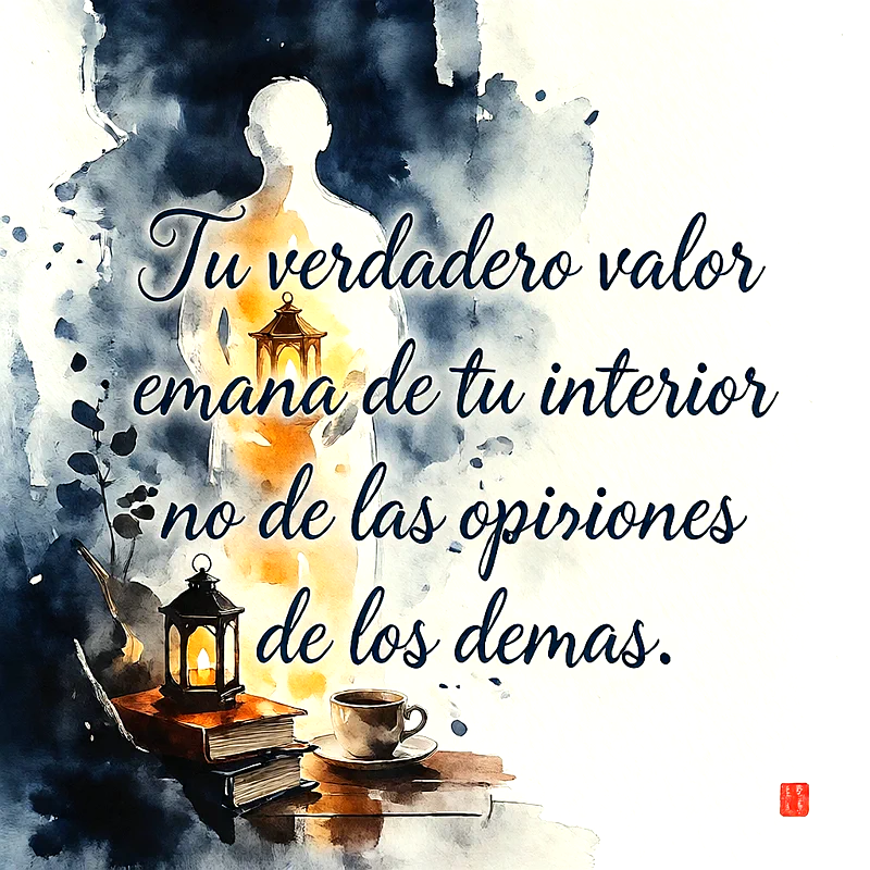 Ilustración en acuarela con silueta brillante, farol encendido, libros, taza de café y texto Tu verdadero valor emana de tu interior no de las opiniones de los demás.