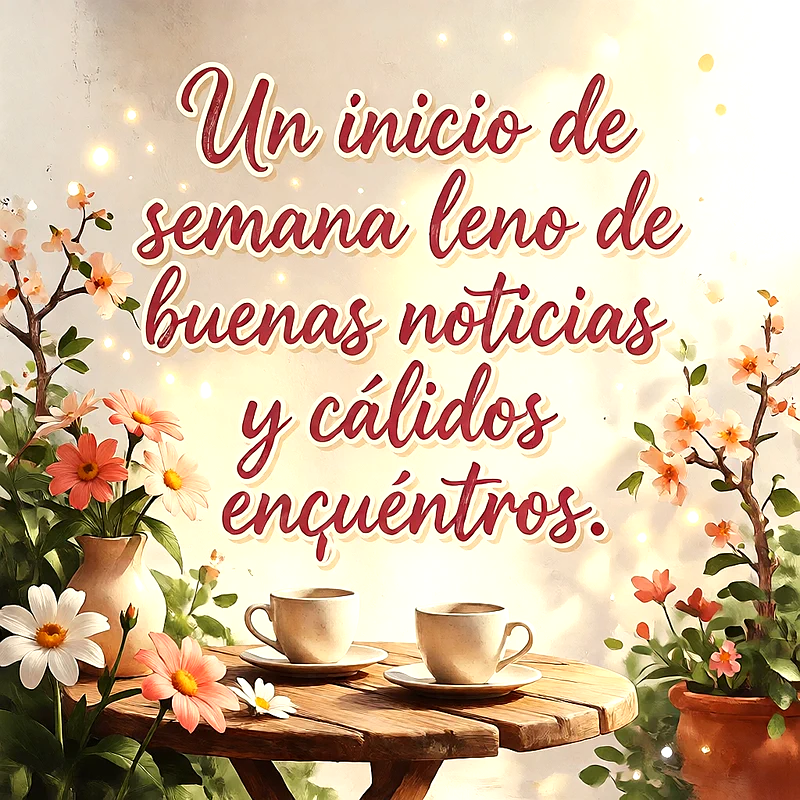 Mesa de madera con dos tazas de café y flores de colores bajo una luz cálida, con un mensaje en letras blancas.