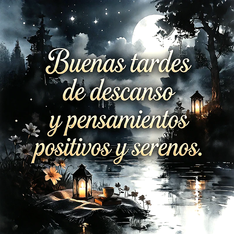Paisaje nocturno con luna llena, estrellas, farol con vela encendida, flores blancas y texto dorado que dice Buenas tardes de descanso.