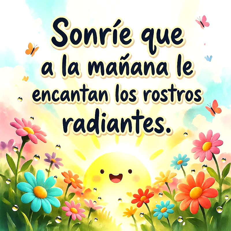 Ilustración colorida de un sol sonriente con flores de colores brillantes y mariposas volando, texto central que dice Sonríe que a la mañana le encantan los rostros radiantes.