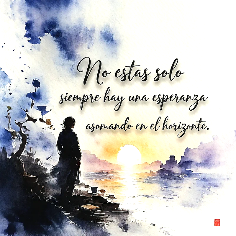 Persona de espaldas mirando un atardecer sobre el agua en estilo acuarela, colores azules y dorados, con el texto No estas solo siempre hay una esperanza asomando en el horizonte.