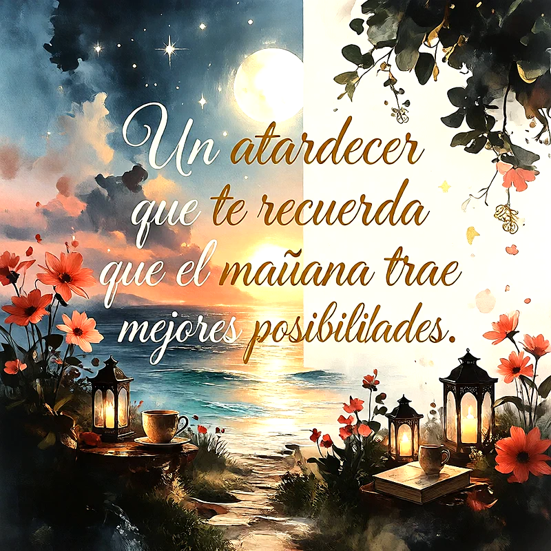 Imagen con atardecer sobre el mar, flores rojas y faroles encendidos, junto a una taza de café, con el texto Un atardecer que te recuerda que el mañana trae mejores posibilidades.