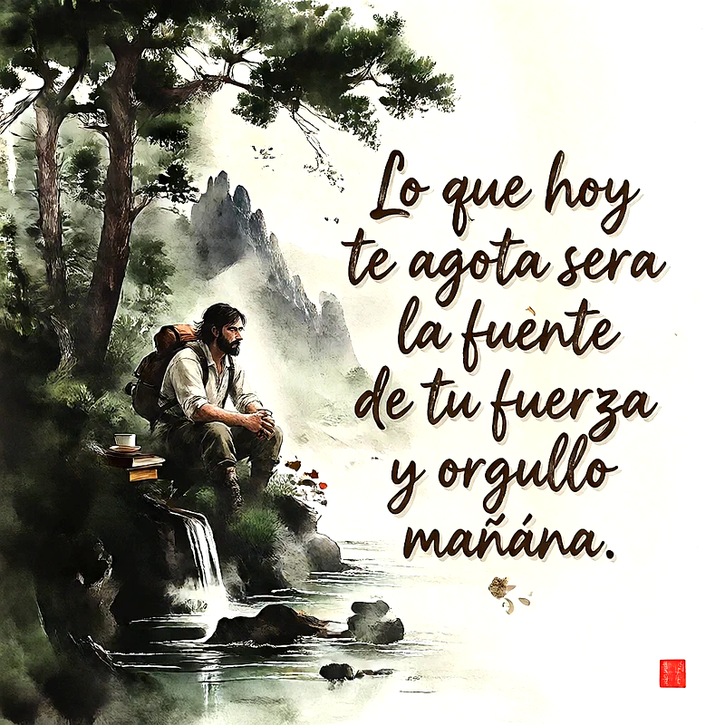 Hombre sentado junto a un riachuelo y pinos en la montaña descansando, con el texto Lo que hoy te agota sera la fuente de tu fuerza y orgullo mañana.