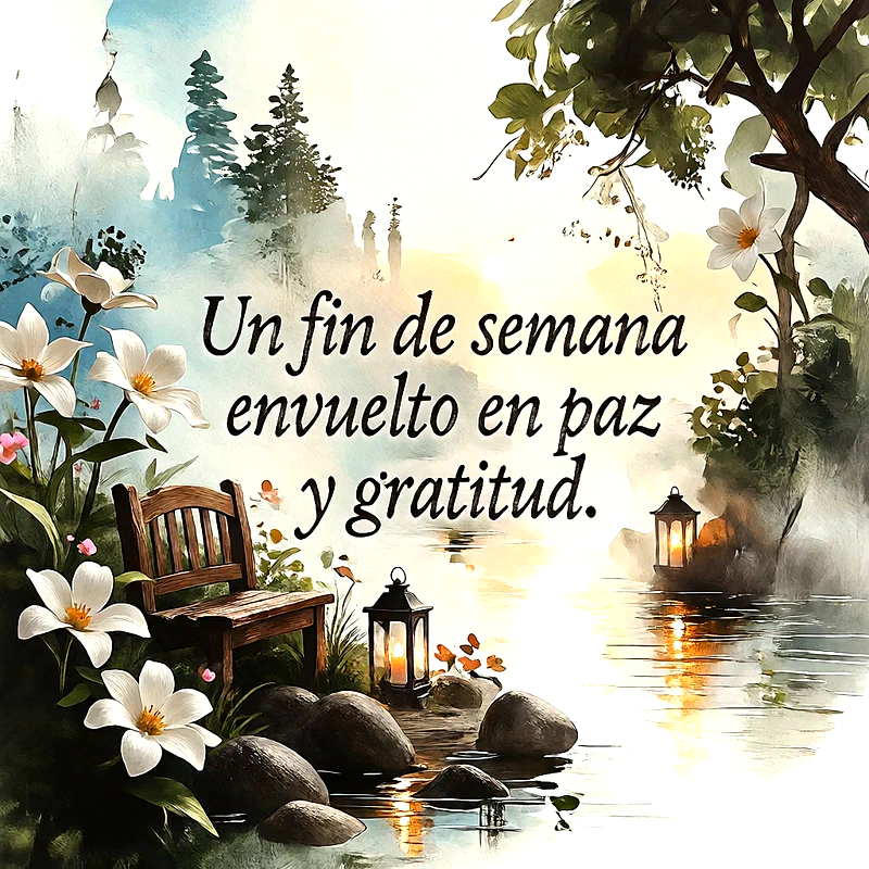 Banco de madera junto a un lago con flores blancas, faroles encendidos y el texto Un fin de semana envuelto en paz y gratitud.