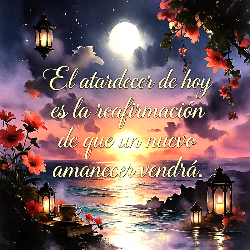 Paisaje marino con luna llena, atardecer brillante, faroles encendidos, taza de café, flores rojas y frase sobre un nuevo amanecer.
