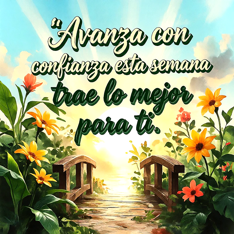 Un puente de madera hacia un amanecer brillante rodeado de flores amarillas y verdes hojas, con un mensaje en letras blancas.