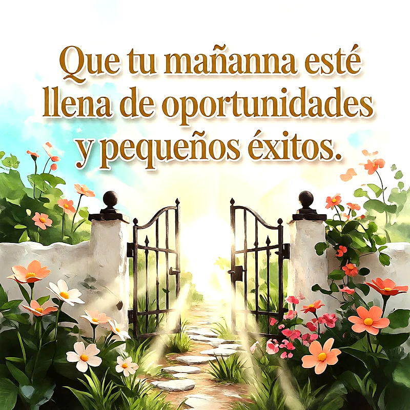 Portón de hierro abierto hacia un camino con luz brillante, rodeado de flores de colores y un mensaje de esperanza en letras blancas.