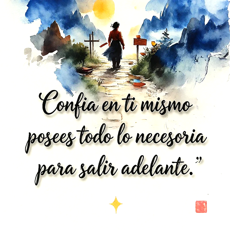 Ilustración estilo acuarela de una persona caminando por un sendero hacia una luz brillante, con una cruz visible, texto que dice Confia en ti mismo posees todo lo necesario para salir adelante.