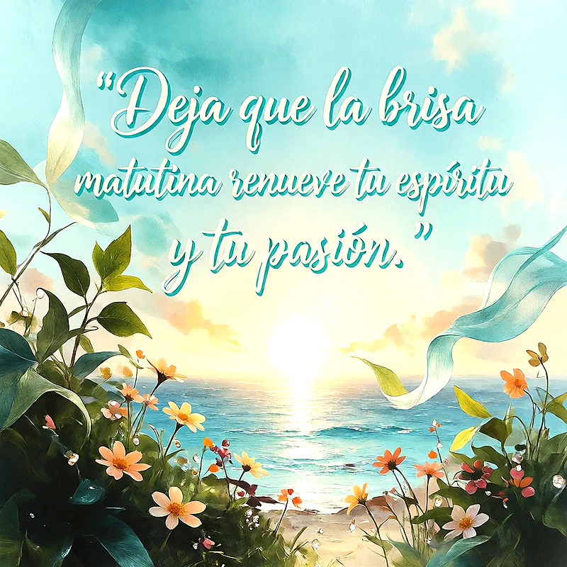 Paisaje de amanecer frente al mar con flores silvestres y texto Deja que la brisa matutina renueve tu espíritu y tu pasión.