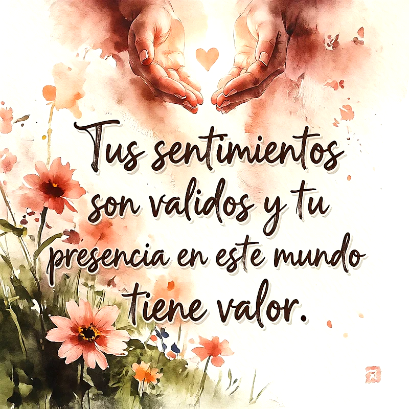 Ilustración en acuarela con manos abiertas ofreciendo un corazón, flores en tonos naranjas y rosas en la parte inferior, texto escrito en cursiva negra sobre fondo claro.