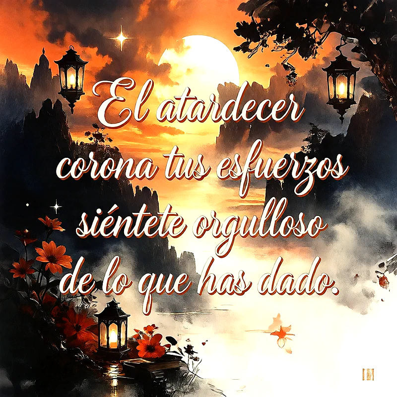 Paisaje de atardecer con montañas, faroles iluminados y flores rojas en primer plano, con el texto escrito El atardecer corona tus esfuerzos siéntete orgulloso de lo que has dado.