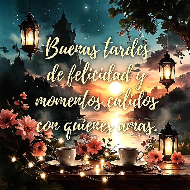 Paisaje de atardecer con faroles iluminados, flores rosas y dos tazas de café sobre mesa de madera, texto que dice Buenas tardes de felicidad y momentos cálidos con quienes amas.