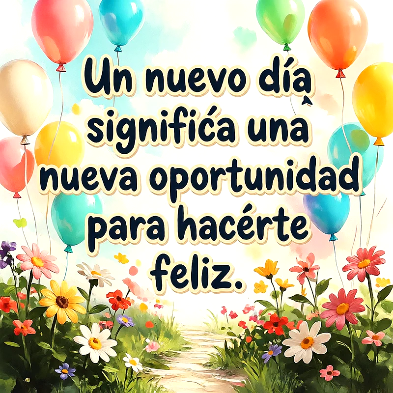 Imagen con globos de colores flotando sobre un campo de flores variadas, texto central con mensaje inspirador sobre nuevas oportunidades para ser feliz, estilo alegre.