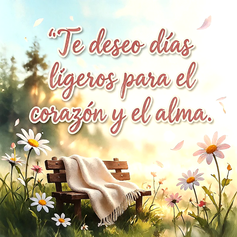 Banco de madera en el campo con una manta blanca, rodeado de margaritas bajo la luz del sol, con un mensaje en letras blancas.