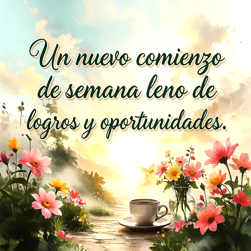 Paisaje soleado al aire libre con taza de café, florero de cristal y flores rosadas, con un mensaje en letras blancas.
