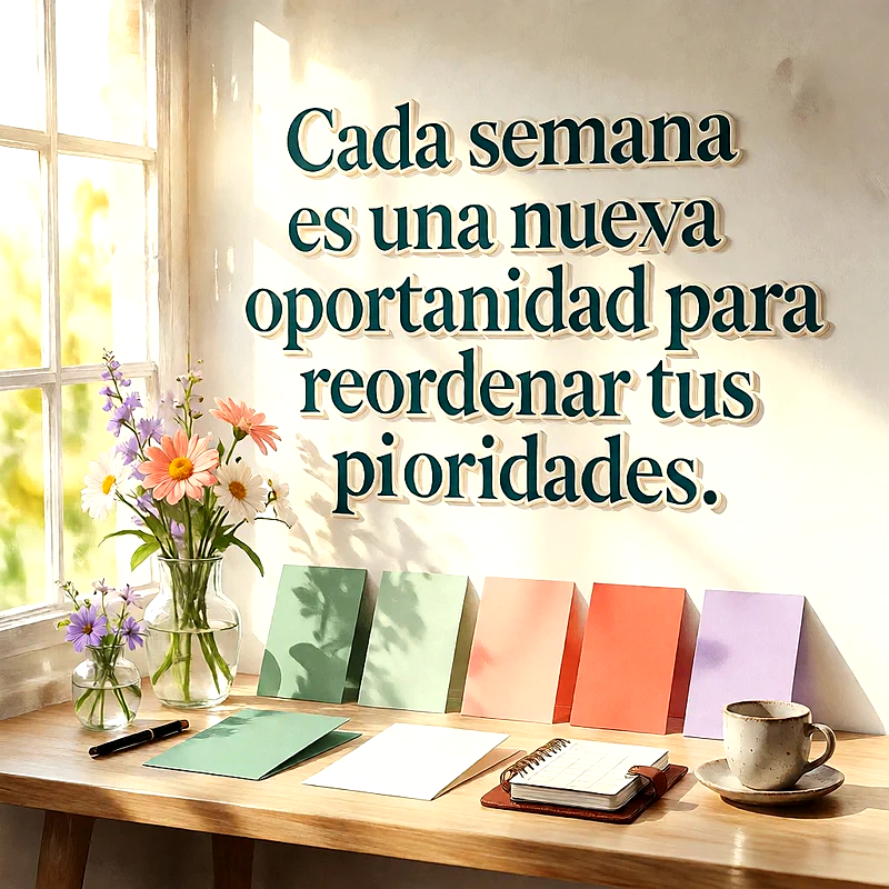 Escritorio de madera iluminado por el sol junto a una ventana con flores y un mensaje de motivación en letras verdes.