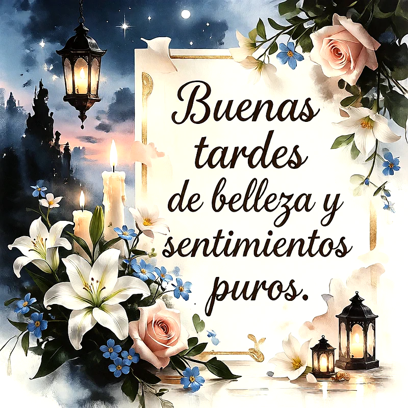 Imagen religiosa de buenas tardes con flores blancas y rosas, velas encendidas, faroles antiguos y un fondo de cielo nocturno, con el texto escrito Buenas tardes de belleza y sentimientos puros.