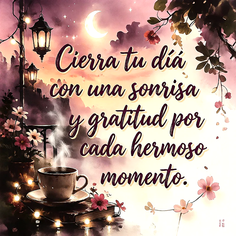 Taza de café humeante sobre libros con luces, flores rosas, faroles antiguos y luna creciente en un cielo nocturno con mensaje de gratitud.