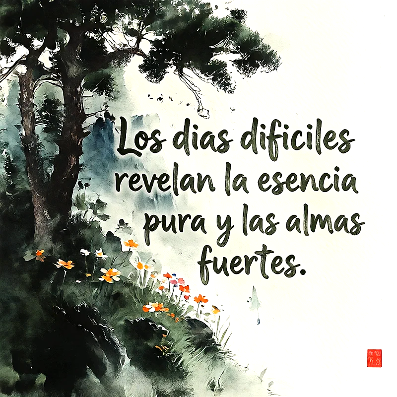 Pintura de estilo oriental con grandes árboles oscuros, pequeñas flores naranjas en la base y fondo claro con texto reflexivo.