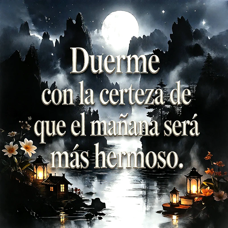 Paisaje nocturno con luna llena, montañas, agua tranquila, faroles encendidos y flores, texto que dice Duerme con la certeza de que el mañana será más hermoso.