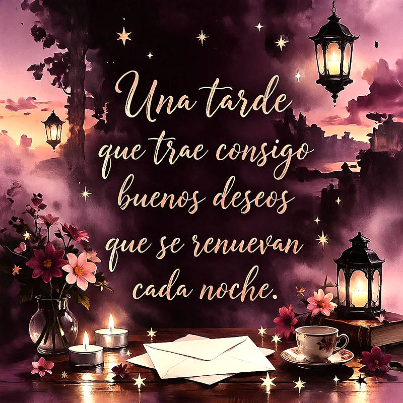 Imagen con faroles encendidos, velas, flores, una taza de café y sobres sobre una mesa de madera, fondo oscuro con estrellas, texto central dice Una tarde que trae consigo buenos deseos que se renuevan cada noche.
