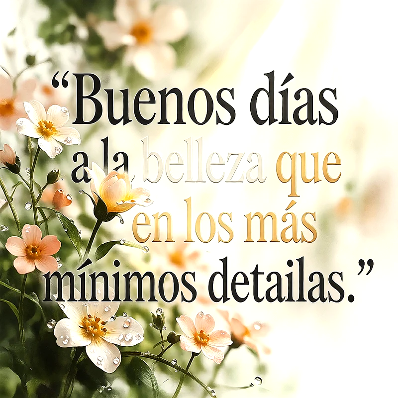 Flores blancas y rosadas con gotas de rocio sobre fondo luminoso, texto superpuesto que dice Buenos días a la belleza que en los más mínimos detalles.