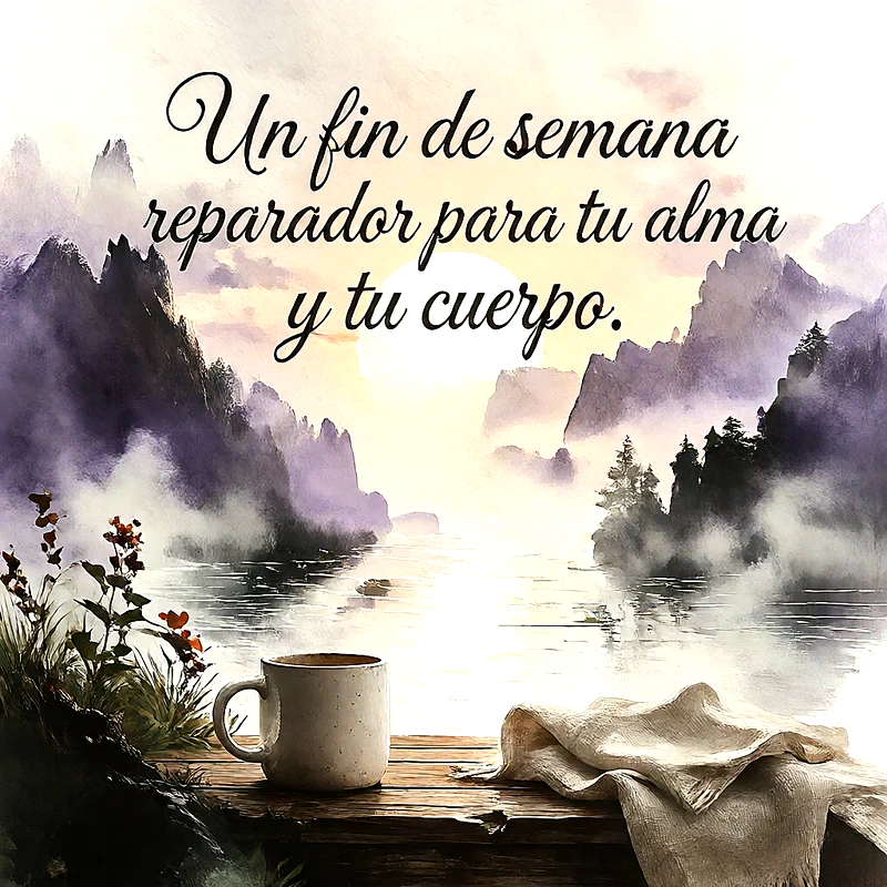 Taza de café humeante y manta sobre madera frente a un lago entre montañas brumosas con texto Un fin de semana reparador para tu alma y tu cuerpo.