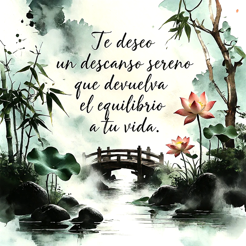 Paisaje acuarela con puente de madera sobre agua, flores de loto rosas y tallos de bambú, con el texto escrito Te deseo un descanso sereno que devuelva el equilibrio a tu vida.