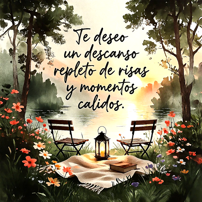 Paisaje al atardecer junto a un lago con dos sillas de madera, una manta, un libro y un farol encendido rodeado de flores silvestres, texto con mensaje reflexivo.