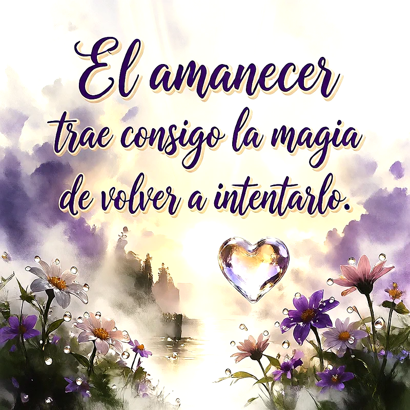 Paisaje de amanecer luminoso con flores moradas, un corazón de cristal flotando, gotas de agua y un mensaje en letras moradas.
