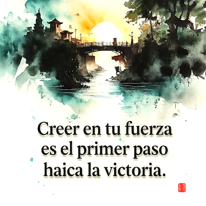 Ilustración en acuarela de un puente sobre agua al atardecer, árboles verdes y texto Creer en tu fuerza es el primer paso haica la victoria.