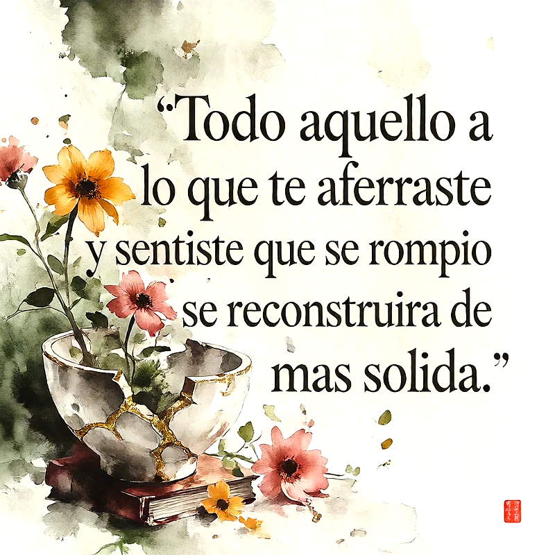 Cuenco blanco roto reparado con oro, estilo kintsugi, con flores amarillas y rosas creciendo sobre un libro antiguo, fondo blanco estilo acuarela, texto sobre reconstrucción.
