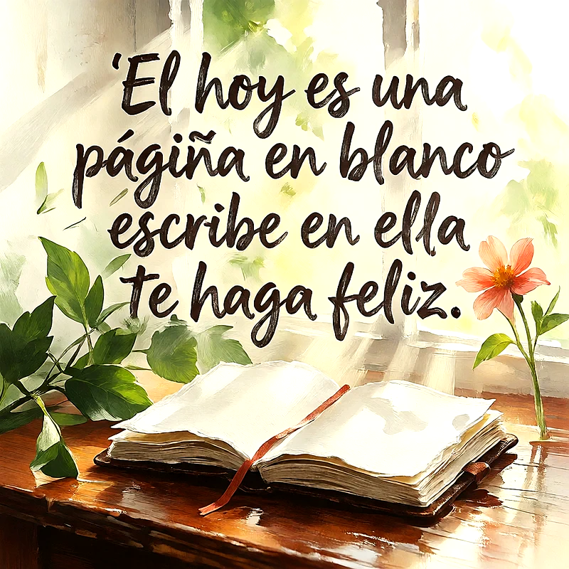 Libro abierto sobre mesa de madera junto a una flor pequeña, luz suave entrando por una ventana, texto en letra cursiva oscura que dice El hoy es una página en blanco escribe en ella te haga feliz.