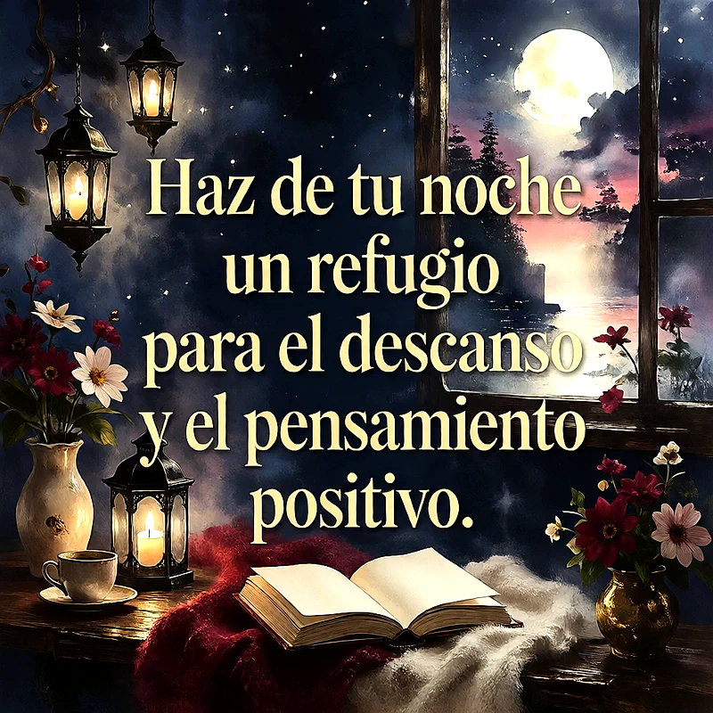 Habitación acogedora de noche con un libro abierto, taza de café, faroles encendidos, flores y ventana con luna llena, texto sobre el descanso.