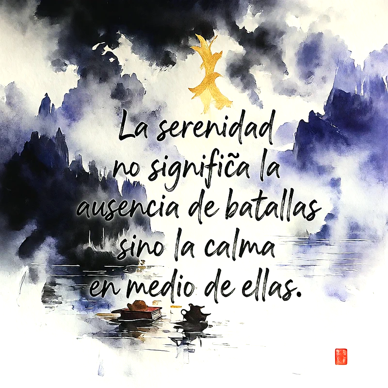 Ilustración artística con fondo de acuarela en tonos azules y morados que representa montañas y un lago, con el texto La serenidad no significa la ausencia de batallas sino la calma en medio de ellas.