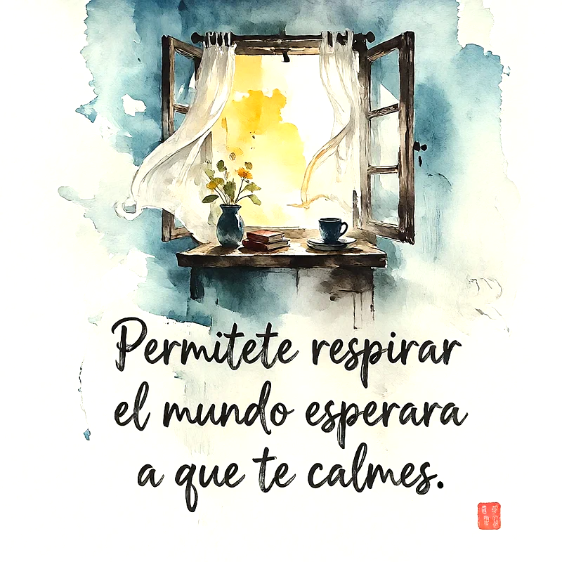 Ilustración en acuarela de una ventana abierta con cortinas, libros, flores y una taza, luz brillante de fondo. Texto central: Permítete respirar el mundo esperará a que te calmes.