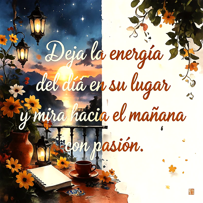 Paisaje de atardecer con faroles antiguos, flores amarillas y una taza de café en una mesa, texto superpuesto que dice Deja la energía del día en su lugar.