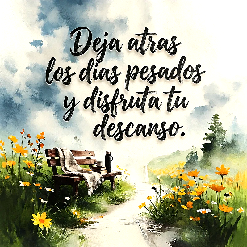 Banco de madera en un campo con flores amarillas, fondo de cielo nublado, manta sobre el banco, texto escrito en negro que dice Deja atras los dias pesados y disfruta tu descanso.