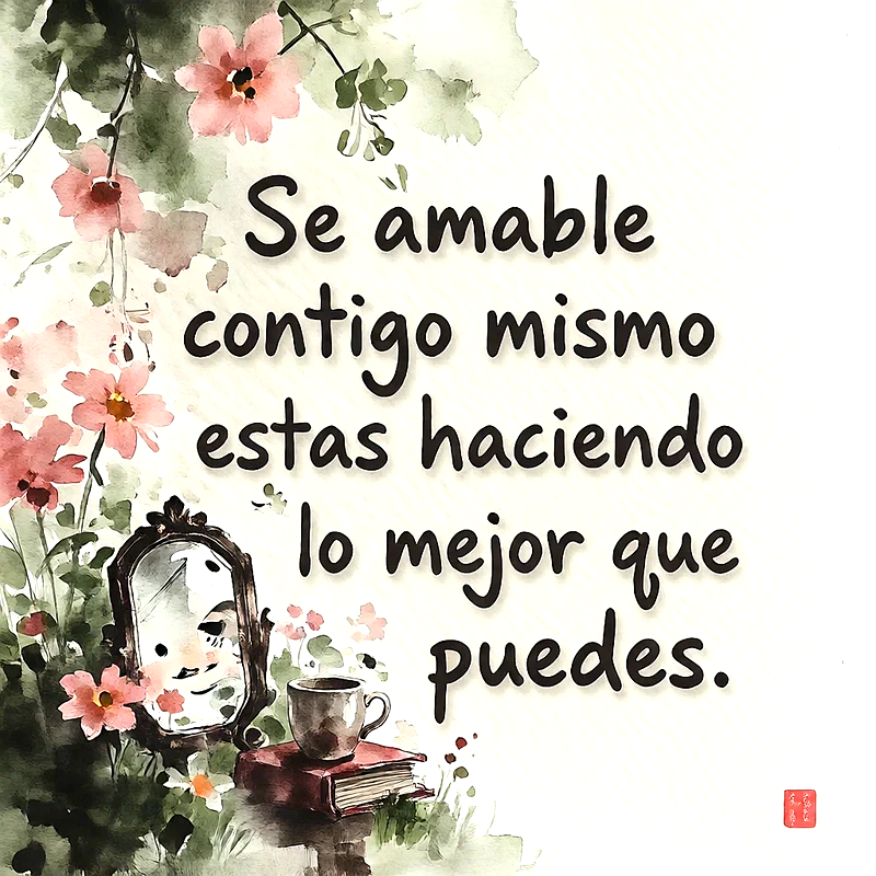 Ilustracion en acuarela con flores rosas, un espejo antiguo, un libro y una taza de cafe, texto central que dice Se amable contigo mismo estas haciendo lo mejor que puedes.