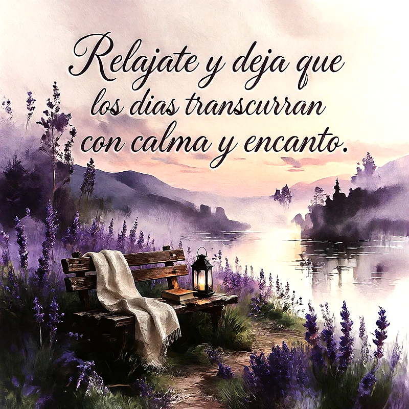 Banco de madera con manta, libro y farol junto a un lago rodeado de campos de lavanda morada al atardecer, texto que dice Relajate y deja que los dias transcurran con calma y encanto.