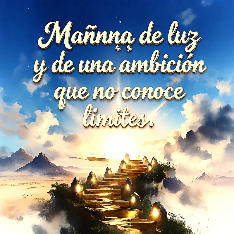 Imagen con escaleras hacia un sol brillante en el cielo, montañas al fondo, faroles iluminando el camino, texto central que dice Mañana de luz y de una ambición que no conoce límites.