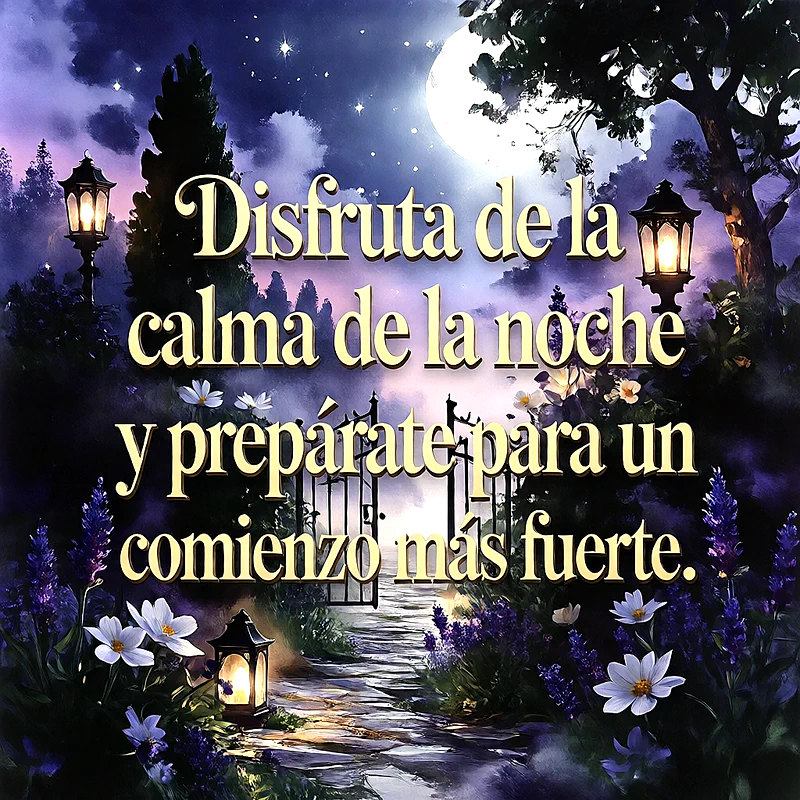 Paisaje nocturno con luna llena, faroles iluminados y flores moradas en primer plano, camino hacia un portón, texto superpuesto Disfruta de la calma de la noche y prepárate para un comienzo más fuerte.