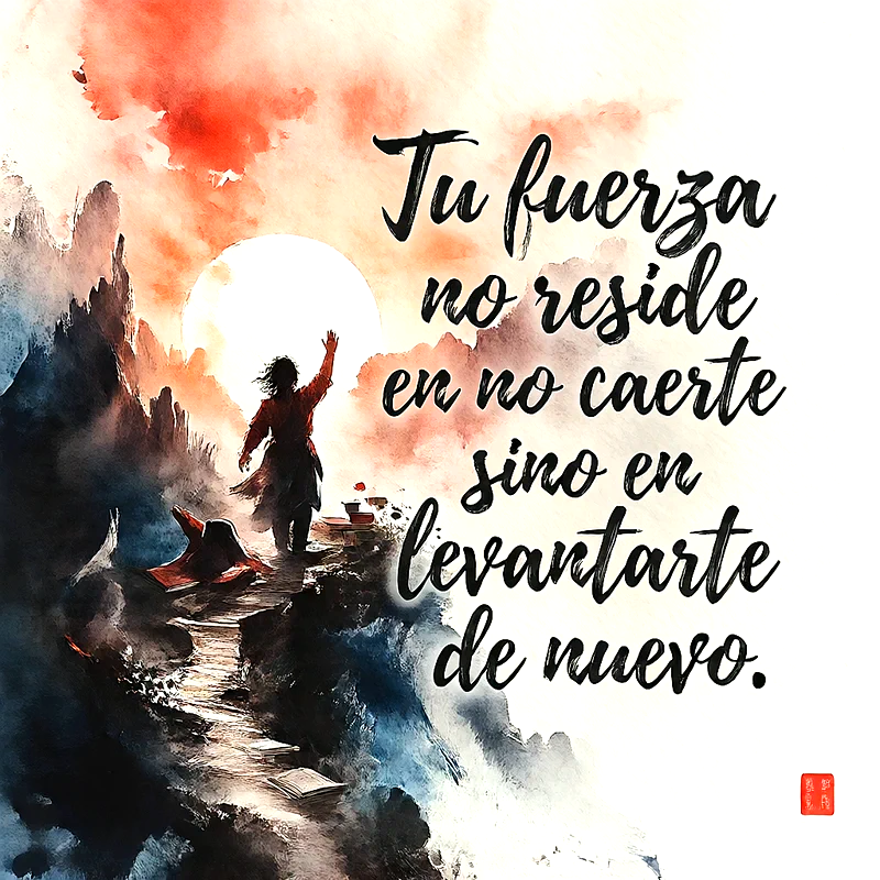 Ilustración artística de estilo acuarela que muestra a una persona frente a un sol brillante y montañas, con el texto escrito Tu fuerza no reside en no caerte sino en levantarte de nuevo.