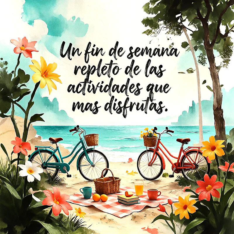 Dos bicicletas en la playa con mantel de picnic, flores coloridas y texto que dice Un fin de semana repleto de las actividades que mas disfrutas.