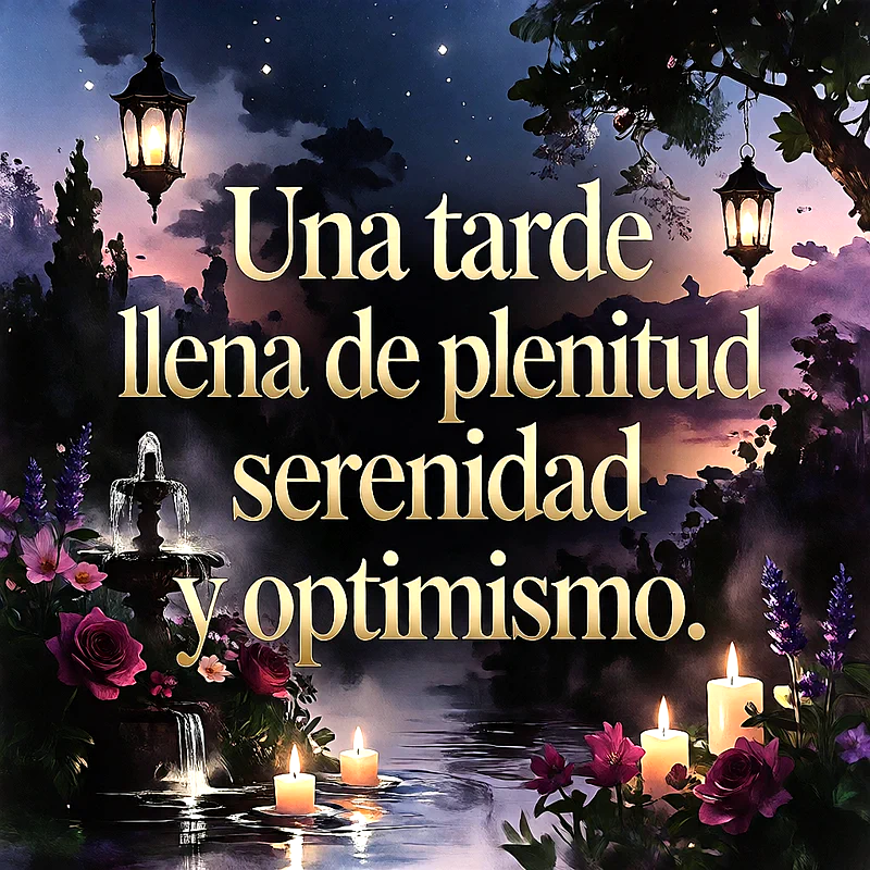 Fuente iluminada con velas y flores rosadas, cielo nocturno estrellado, texto que dice 'Una tarde llena de plenitud serenidad y optimismo.'